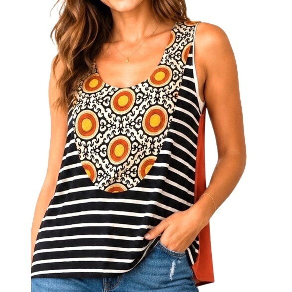 THML Anthology Women Black Orange Striped Tank Top M Embroidered Med. Sleeveless